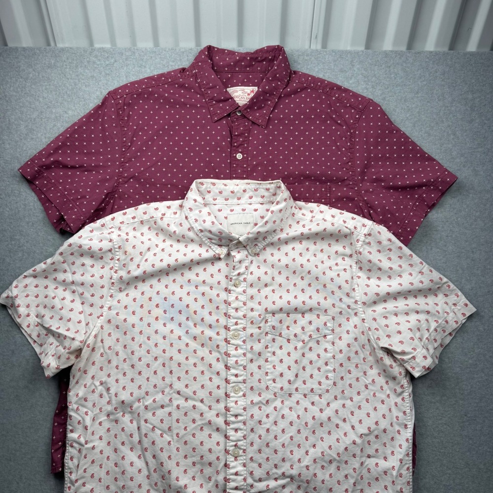 Lot of 2 American Eagle Mens XL Short Sleeve Button Down Shirts Paisley Crosses
